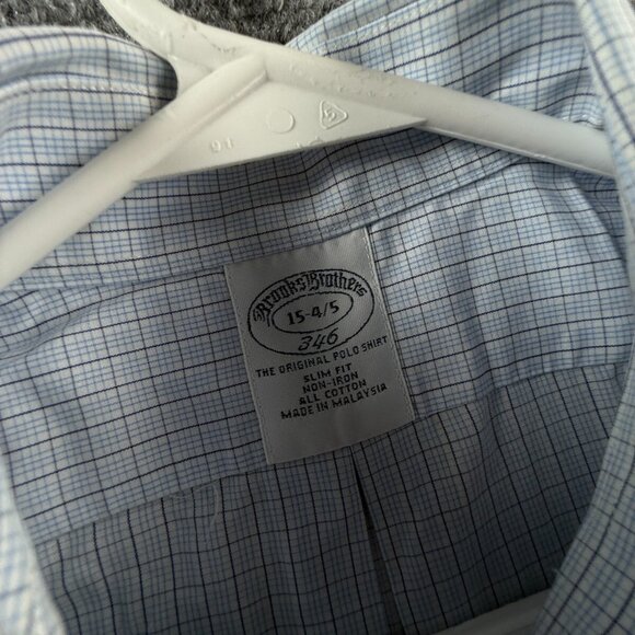 Brooks Brothers Slim Button-Down Blue Cotton 15-4/5 Non-Iron Check Long Sleeve - Picture 8 of 14